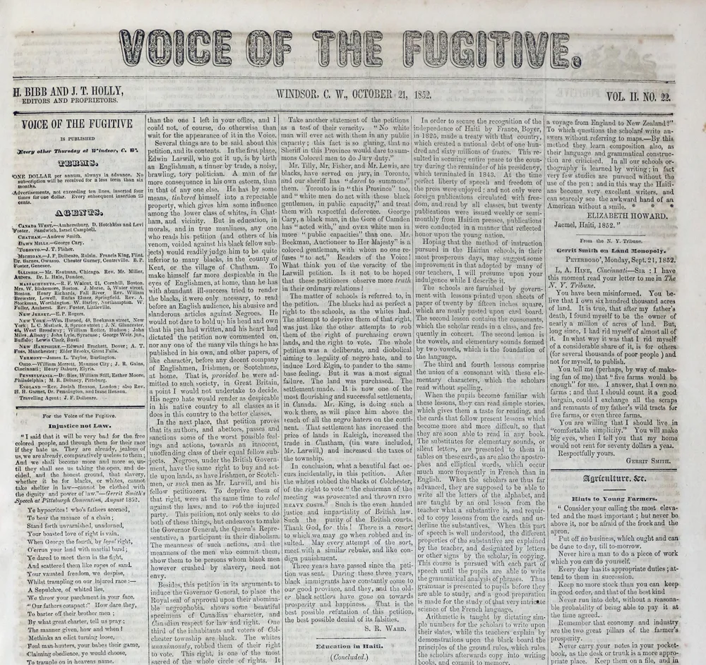 Un article sur le patrimoine intitulé 'Voice of the Fugitive', 1852